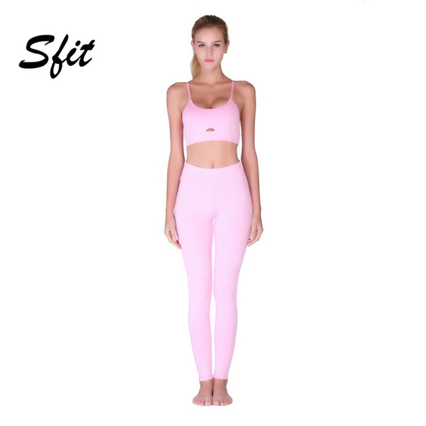 Sift 2019 Women Hollow Spaghetti Strap Tank Top And High Waist Leggings Yoga Sports Set Solid Color Low-cut Sports Suit #855029