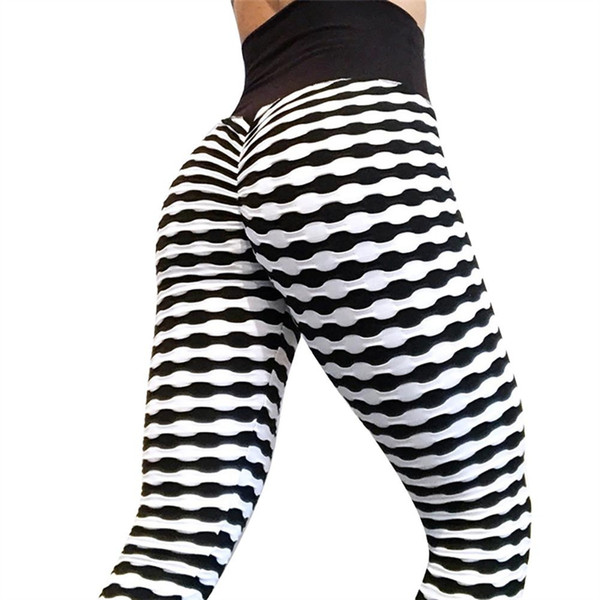 Yoga Pleated Stripes High Waist Pants Sports Leggings Black White Fitness Workout Pants Gym Training Sportswear #864870