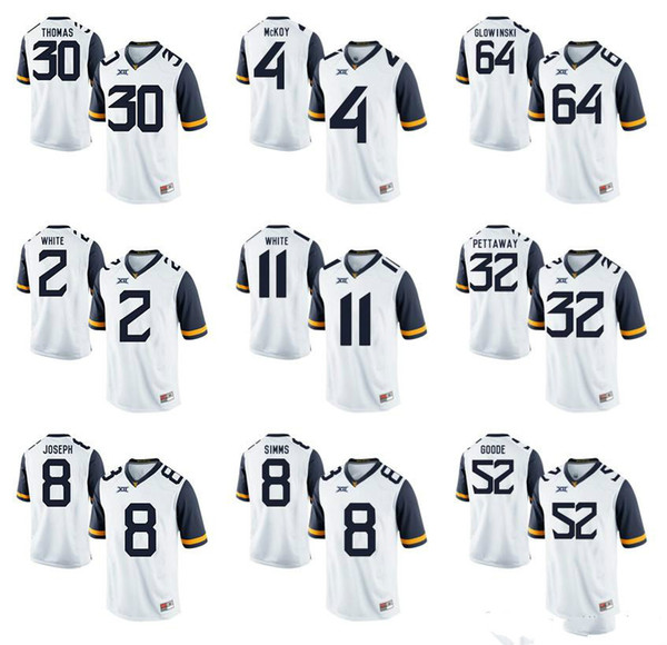 West Virginia Mountaineers JT Thomas 30 White 2 Joseph 8 McKoy 4 White 11 Simms 8 Glowinski 64 Goode 52 White College Football Jerseys