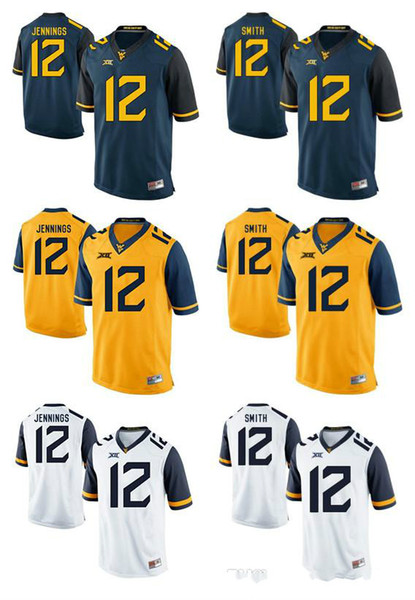 West Virginia Mountaineers Jersey Gary Jennings 12 Geno Smith 12 Gold Blue White Men College Football Jerseys