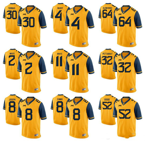 West Virginia Mountaineers JT Thomas 30 White 2 Joseph 8 McKoy 4 Kevin White 11 Simms 8 Glowinski 64 Goode 52 Gold College Football Jersey