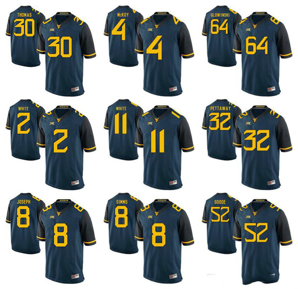 West Virginia Mountaineers JT Thomas 30 Raun White 2 Joseph 8 McKoy 4 Kevin White 11 Simms 8 Glowinski 64 Goode 52 College Football Jerseys