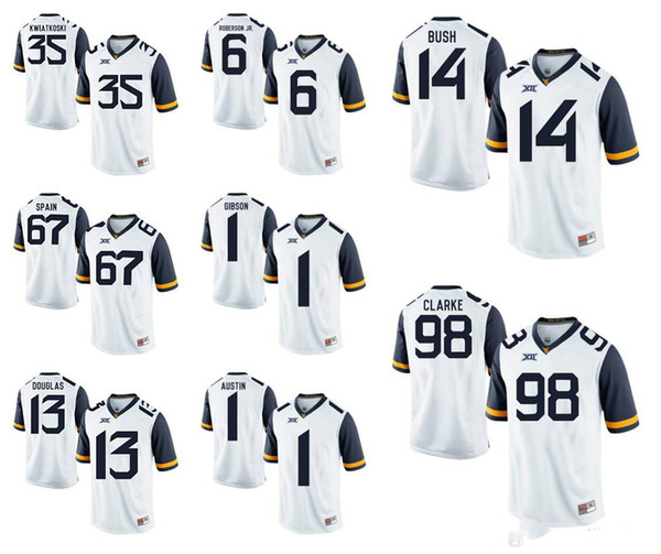 West Virginia Mountaineers Kwiatkoski 35 Spain 67 Douglas 13 Roberson Jr 1 Gibson 6 Austin 1 Bush 14 Clarke 98 White College Football Jersey