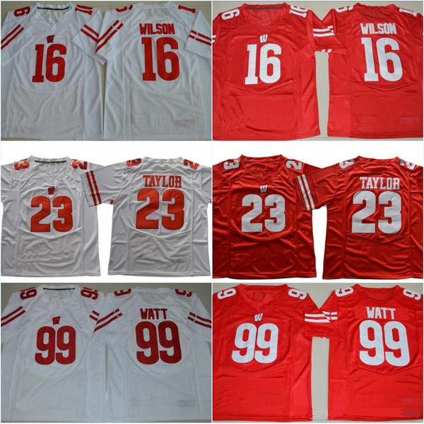 NCAA Wisconsin Badgers 23 Jonathan Taylor Jersey 16 Russell Wilson 99 JJ Watt College Football Red White University Stiched uniform