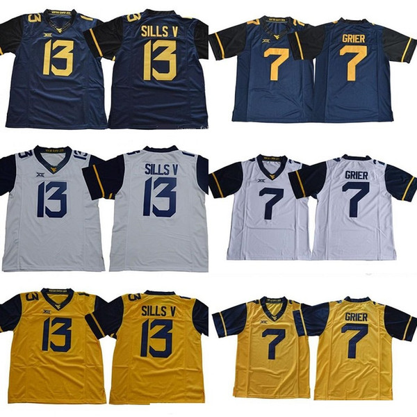 West Virginia Mountaineers 7 Will Grier Jersey 13 David Sills V NCAA College Men Football Navy Blue Yellow White Stitched XII uniform