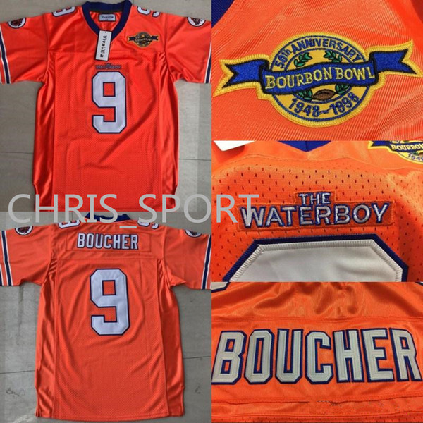 New The Waterboy Football Jersey Stitched #9 Bobby Boucher Movie Jerseys Orange jersey Mud Dogs Jersey S-3XL Free Shipping