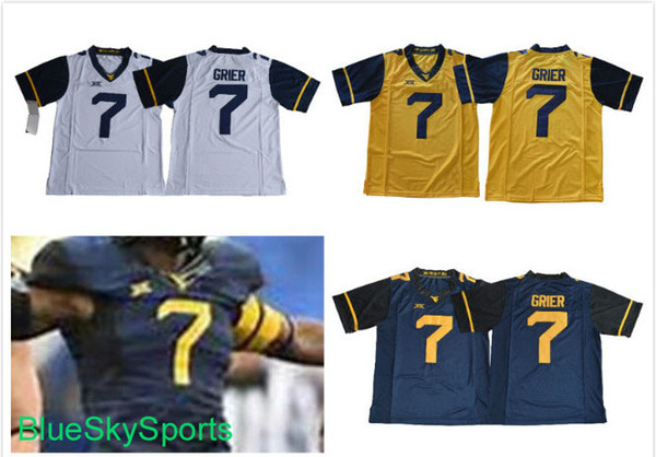 Mens West Virginia Mountaineers #7 Will Grier Jersey White Navy Yellow with XII Patch College Football Jerseys Stithced S-3XL