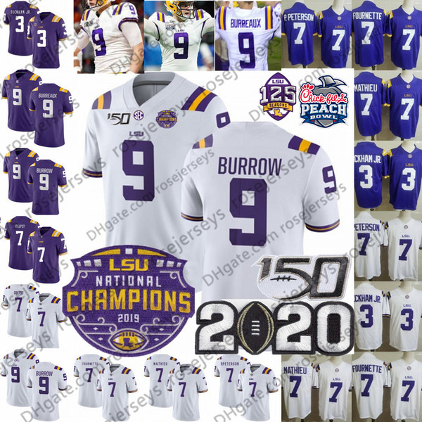 2020 LSU Tigers BURREAUX Champions Jersey 9 Joe Burrow 150TH 3 Odell Beckham Jr. 7 Tyrann Mathieu Grant Delpit Ja'Marr JaMarr Chase Nickname