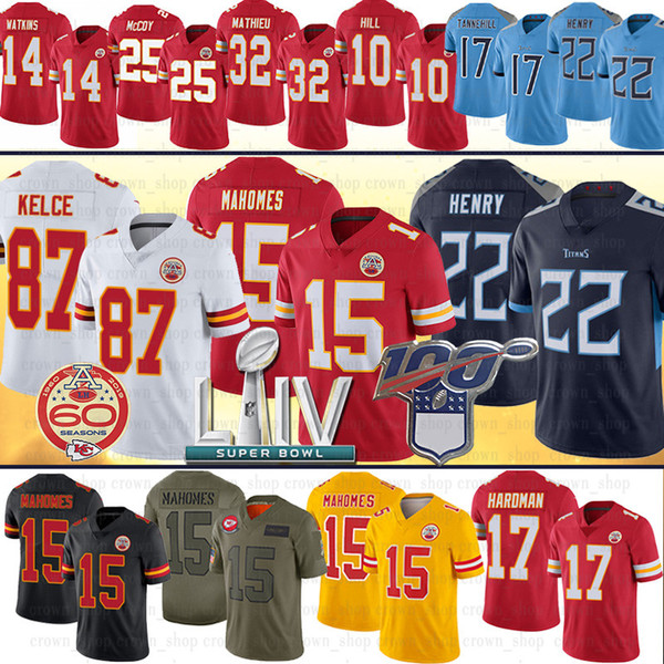 Super Bowl LIV Kansas 15 Patrick Mahomes City Chief Jersey Travis Kelce Tyrann Mathieu Sammy Watkins Tyreek Hill Frank Clark DERRICK HENRY