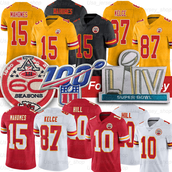 Kansas City Patrick Mahomes II Chief Jersey 87 Travis Kelce 10 Tyreek Hill 60th 100th Patch Football Jerseys