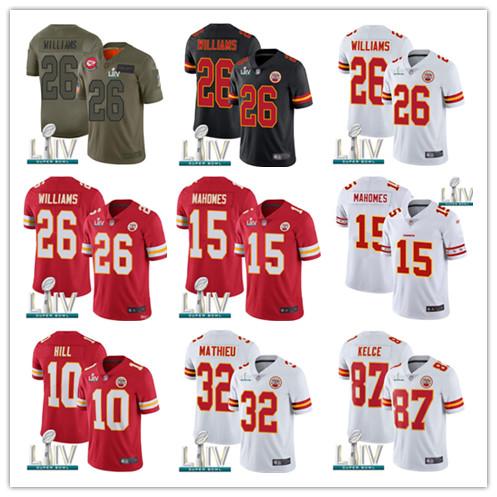 Kansas City Mens Chief Super Bowl LIV Jersey 15 Patrick Mahomes 87 Travis Kelce 10 Tyreek Hill 26 Damien Williams 32Tyrann Mathieu