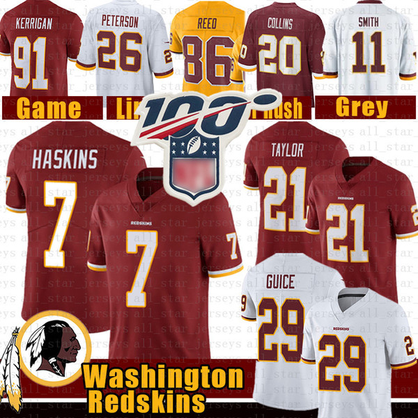 7 Dwayne Haskins Washington Football Jersey Redskin 21 Sean Taylor 29 Derrius Guice Landon Collins Adrian Peterson Ryan Kerrigan Reed Smith