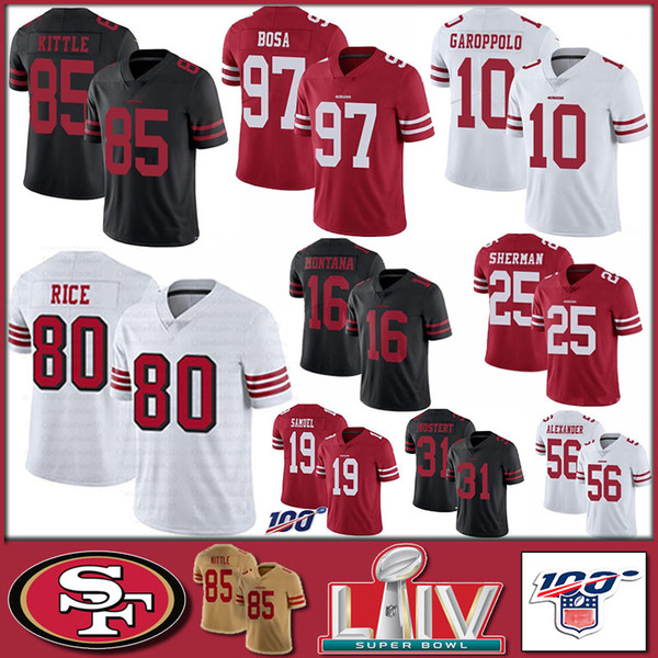 San Francisco 85 George Kittle 49er Football jerseys 10 Jimmy Garoppolo 80 Jerry Rice 97 Nick Bosa 16 Joe Montana 25 Sherman 31 Mostert