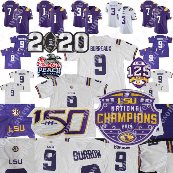 2019 Champions Patch 2020 LSU Tigers Burreaux College Football Jersey Joe Burrow Ja'Marr Chase 7 Grant Delpit Tyrann Mathieu Fournette