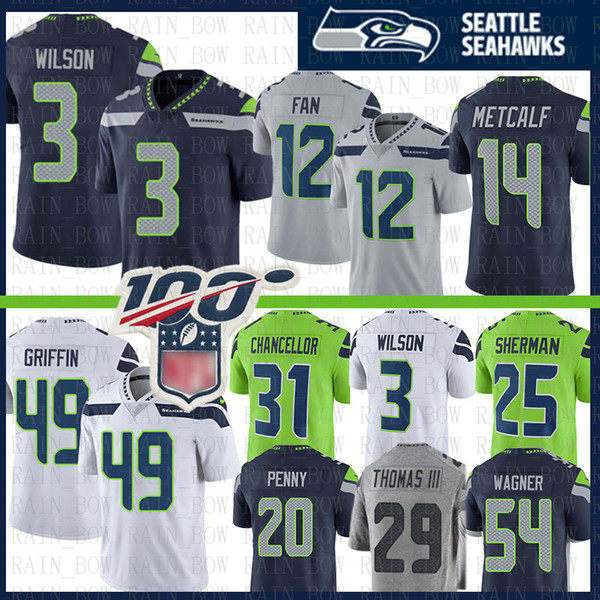 Seattle 3 Russell Wilson Jersey Seahawk 14 DK Metcalf 12th Fan 12s 49 Shaquem Griffin 31 Kam Chancellor Bobby Wagner Rashaad Penny Thomas