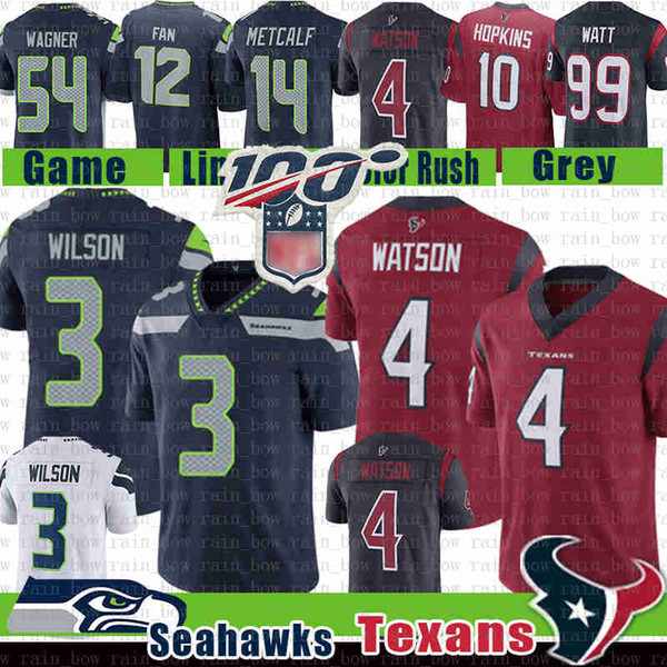 Seattle 3 Russell Wilson Seahawk Jersey Houston 4 Deshaun Watson Texan DK Metcalf 12th Fan Bobby Wagner Lockett 99 J.J. Watt DeAndre Hopkins