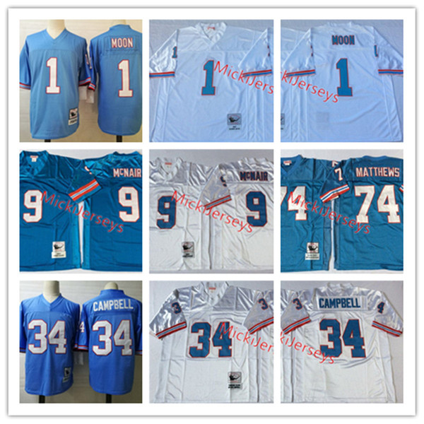 Mens NCAA Oilers #34 Earl Campbell Vintage Jersey Stitched #9 Steve McNair #74 Bruce Matthews #1 Warren Moon Oilers Football Jersey M-3XL