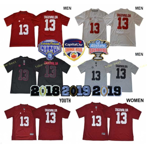 Men Women Kids Tua Tagovailoa Jerseys Woman 13 Alabama Crimson Tide 2018 Sugar 2019 Orange Bowl Patch Man Youth Football College Red White