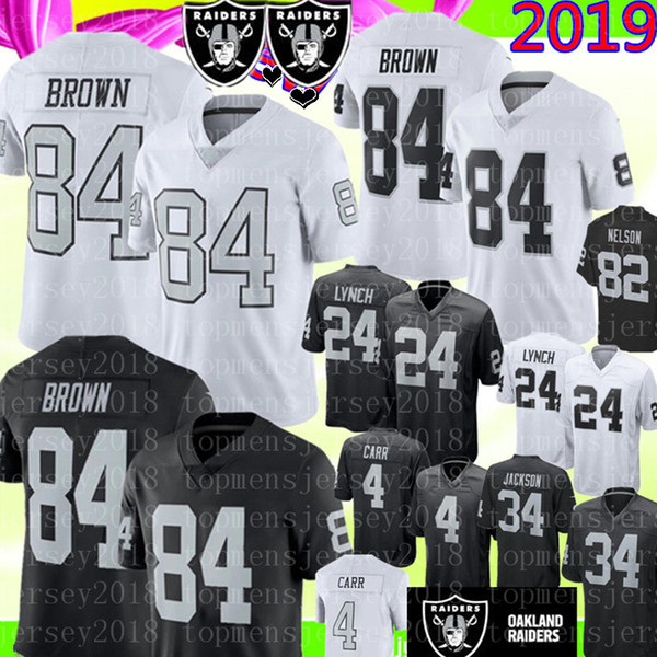 Oakland 84 Antonio Brown Raiders Jersey Mens 24 Marshawn Lynch 4 Derek Carr Football Jerseys 2019 New Black white Embroidery