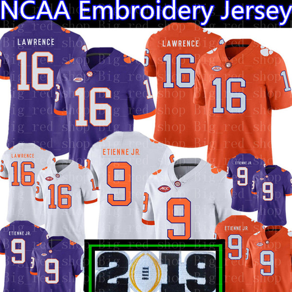 Clemson Tigers 16 Trevor Lawrence 9 Travis Etienne Jr. Jersey 2019 Championship Patch Football Jerseys White Orange Purple