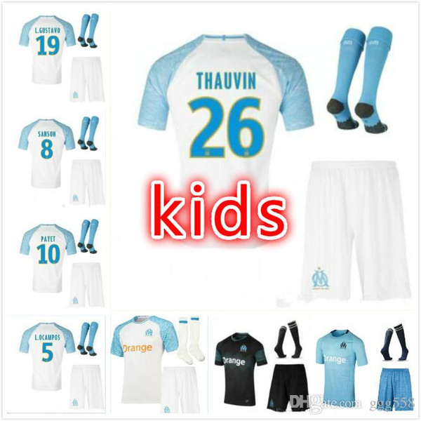 18 19 Olympique de Marseille kids soccer jersey 2018 2019 child jerseys THAUVIN SHIRT PAYET thauvin L.gustavo boys football shirts