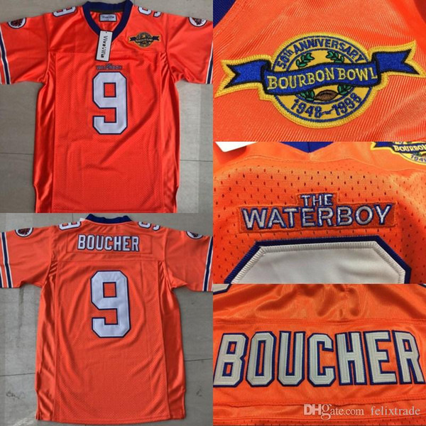 Bobby Boucher #9 Adam Sandler MOVIE The Waterboy Mud Dogs Jersey with Bourbon Bowl Patch Double Stiched Football Jerseys IN STOCK