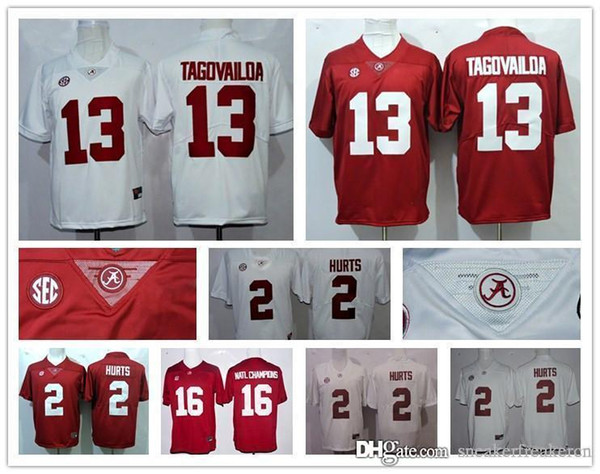 2017-2018 Season Alabama Crimson Tide 13 Tua Tagovailoa 2 Jalen Hurts Playoff Diamond Football White Red Jerseys S-3XL Free Shipping