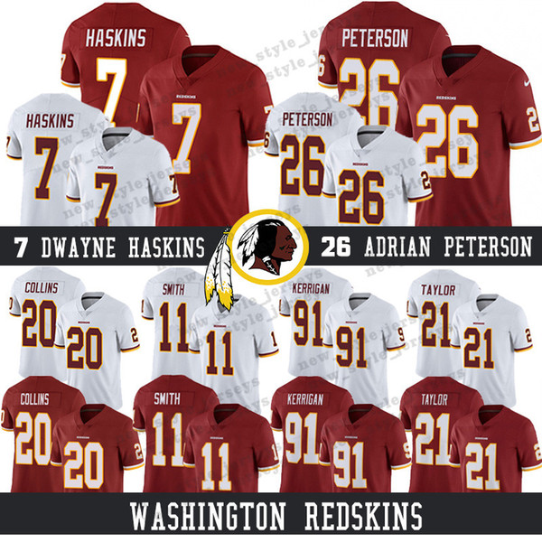 Men 7 Dwayne Haskins Washington 2019 Redskins jersey 26 Adrian Peterson 21 Sean Taylor 91 Ryan Kerrigan 11 Alex Smith Football Jerseys