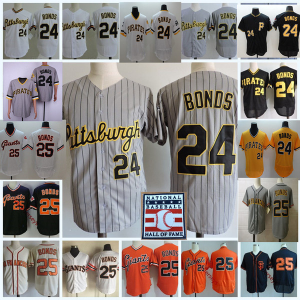 Mens #24 Barry Bonds Pittsburgh HOF patch Jerseys stitched white gold Grey #25 Barry Bonds San Francisco Jersey S-3XL