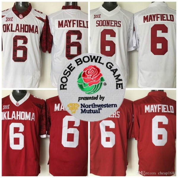 Mens 2018 NCAA Heisman Rose Bowl Patch Jersey Oklahoma Sooners #6 Baker Mayfield Red White Limited Stitched College Football Jerseys