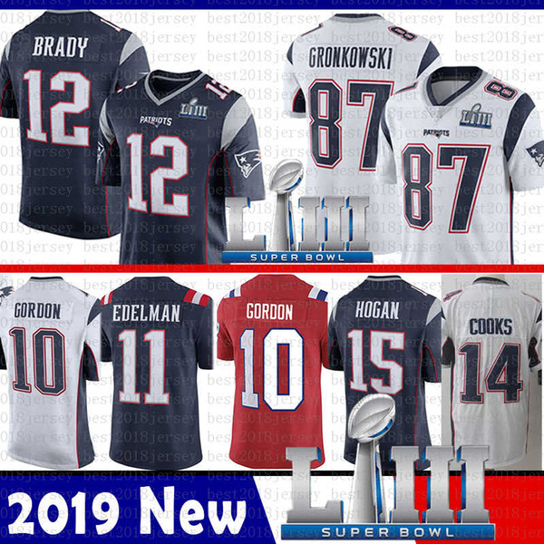 top sale New 12 Tom Brady Patriots Jersey 2019 Super Bowl LIII 87 Rob Gronkowski 10 Josh Gordon 11 Julian Edelman 14 Brandin Cooks Hogan