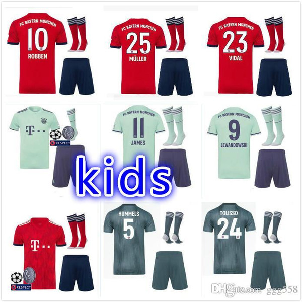 2018 2019 new james MULLER Bayern Munich HOME kids kit Soccer Jerseys 18 19 LEWANDOWSKI ROBBEN VIDAL TOLISSO AWAY ALABA kids FOOTBALL SHIRTS