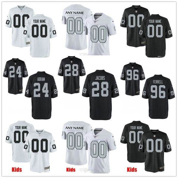 Custom Oakland 28 Josh Jacobs 24 Johnathan Abram 96 Clelin Ferrell Trayvon Mullen Foster Moreau Men Women Kids Youth Raiders Stitched Jersey