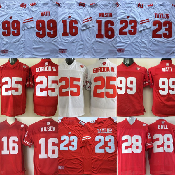 Wisconsin Badgers College Jerseys 23 Jonathan Taylor 16 Russell Wilson 99 JJ Watt Red White Stitched College Football Jerseys