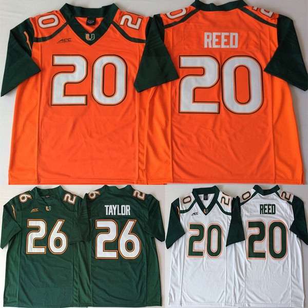 Ncaa 26 Taylor Miami Hurricanes Jerseys 20 Reed ACC Orange Green White Men College Football Jersey