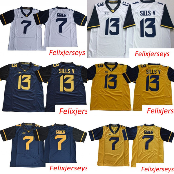 West Virginia Mountaineers 7 Will Grier 13 David Sills V WVU Blank White Blue Yellow Stitched XII College Football Jerseys