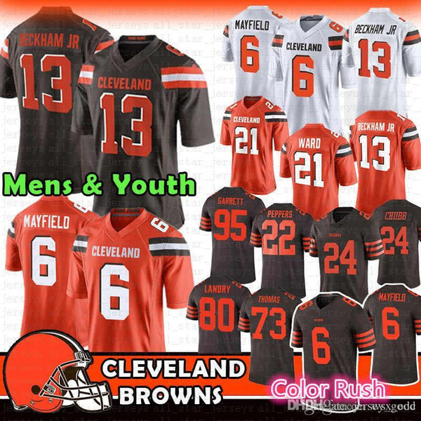 6 Baker Mayfield 13 Odell Beckham Jr 24 Nick Chubb 27 Kareem Hunt Browns Jersey 21 Denzel Ward 80 Jarvis Landry 73 Joe Thomas 22 Peppers