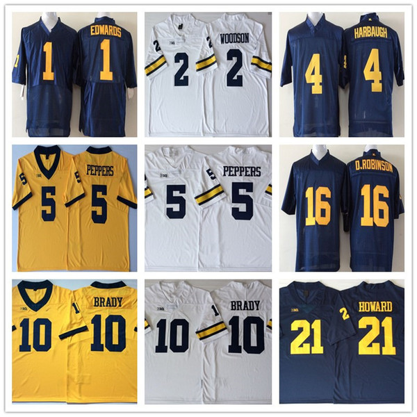 NCAA Michigan Wolverine 12 Tom Brady 2 Charles Woodson 4 Jim Harbaugh 5 Jabrill Peppers 16 Denard Robinson 21 Desmond Howard Jerseys