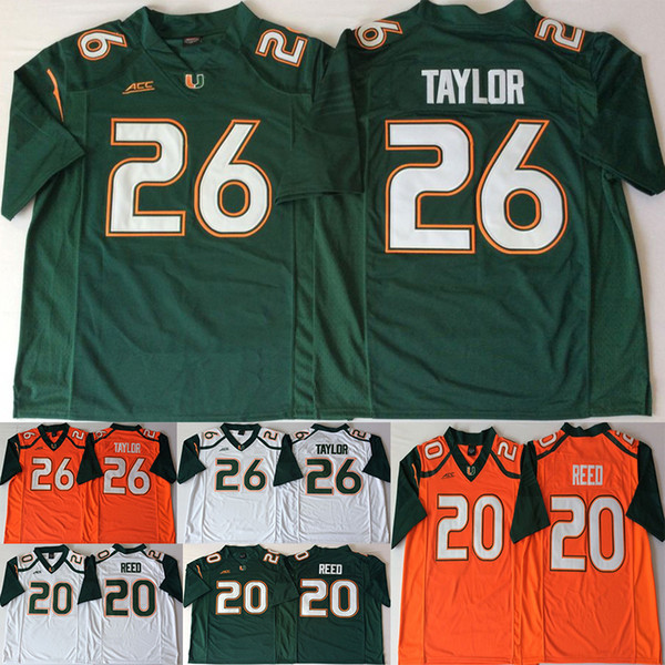 26 Sean Taylor Miami Hurricanes Jerseys 20 Ed Reed ACC Orange Green White Men College Football Jersey