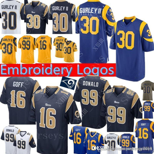 Los Angeles Rams 30 Todd Gurley II Jersey Mens 16 Jared Goff 99 Aaron Donald Rams Football Jerseys Navy Blue White Yellow