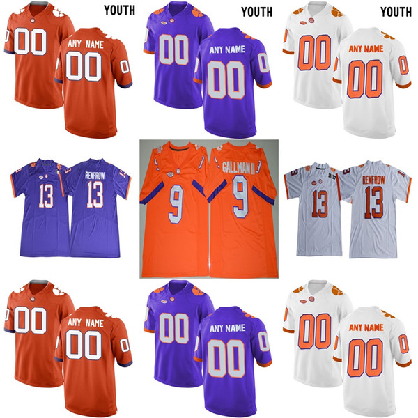 Mens Womens Kids Clemson Tigers 9 Travis Etienne Jr. 13 Hunter Renfrow Purple White Orange Stitched College Football Jerseys Size S-6XL