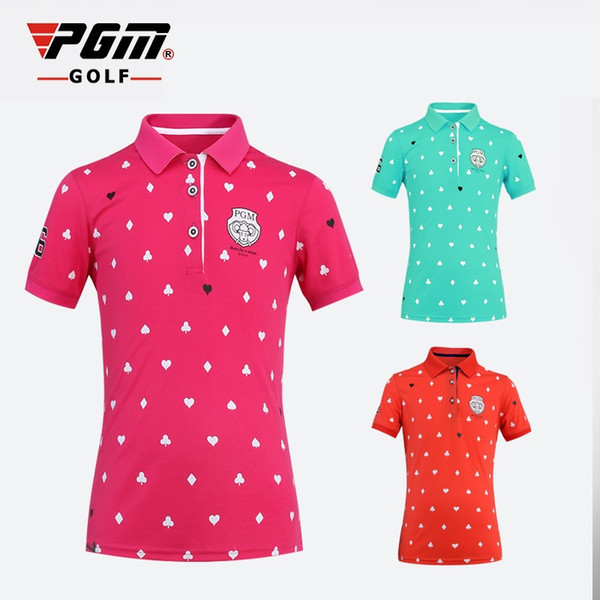 Pgm Girls Golf T-Shirt Summer Short Sleeve Printing Polo Shirt Children Breathable Turn Down Leisure Sportwears AA51875