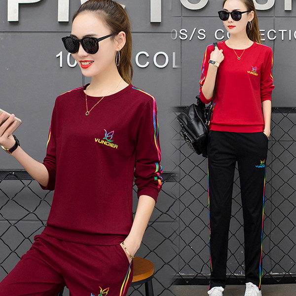 Hot New Korean Women's round neck slim autumn casual sports suit long-sleeved trousers two-piece suit Golf Sets