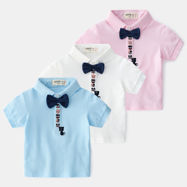 2019 kids clothes Summer Boys Children's Cartoon Embroidered Double Door Bow Tie Short Sleeve