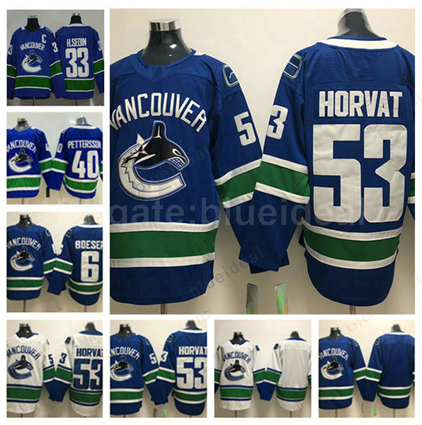 New Men Vancouver Canucks Hockey #40 Elias Pettersson #6 Brock Boeser #53 Bo Horvat White Blue Jerseys Stitched Accept Customize name number