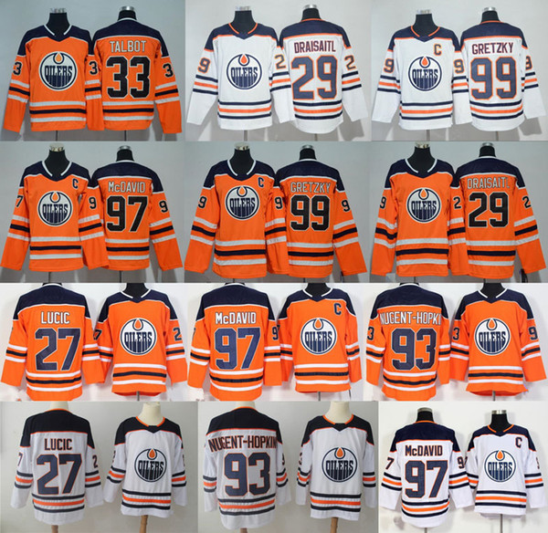 Mens Edmonton Oilers Hockey 99 Wayne Gretzky 29 Leon Draisaitl 93 Ryan Nugent-Hopkins 27 Milan Lucic 33 Cam Talbot Jersey Accept Customize