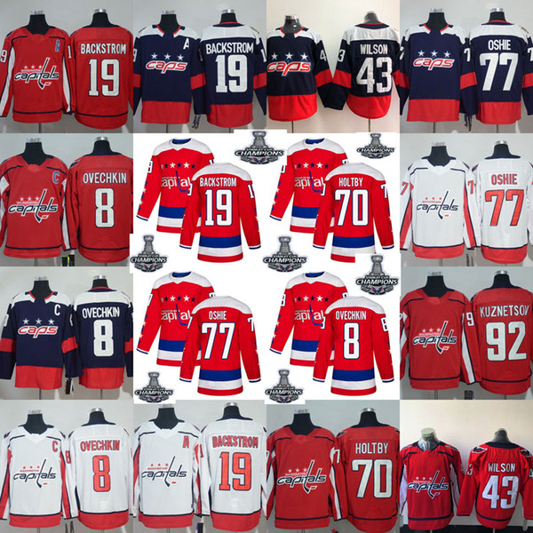 2018 Stanley Cup Champions 8 Alex Ovechkin 43 Tom Wilson 77 T.J. Oshie 19 Nicklas Backstrom 70 Braden Holtby 92 Kuznetsov Hockey Jersey