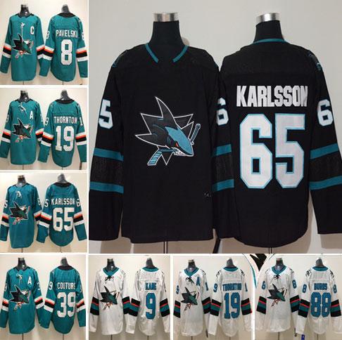 New Mens San Jose Sharks Hockey 65 Erik Karlsson 88 Brent Burns 8 Pavelski 19 Joe Thornton 9 Evander Kane 39 Logan Couture Jerseys M-3XL