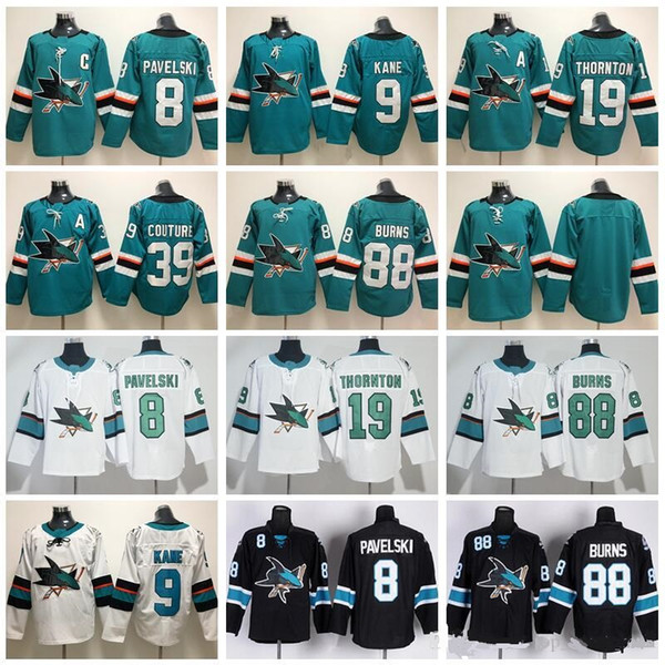 San Jose Sharks 2019 Hockey 8 Joe Pavelski 9 Evander Kane Jersey 19 Joe Thornton 39 Logan Couture 88 Brent Burns Green Black White stitched