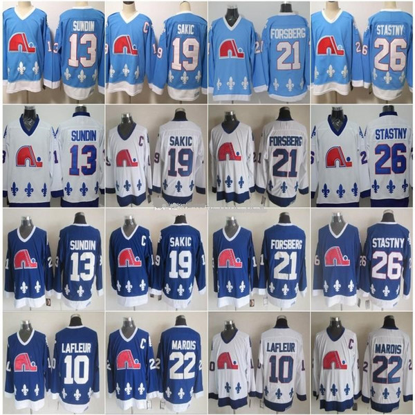 2019 Quebec Nordiques Jerseys Ice Hockey 13 Mats Sundin 21 Peter Forsberg 26 Peter Stastny 19 Joe Sakic Team Color Navy Blue White stitched